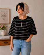 تیشرت باکسی نیم زیپ راه راه 8877 - تصویر 2