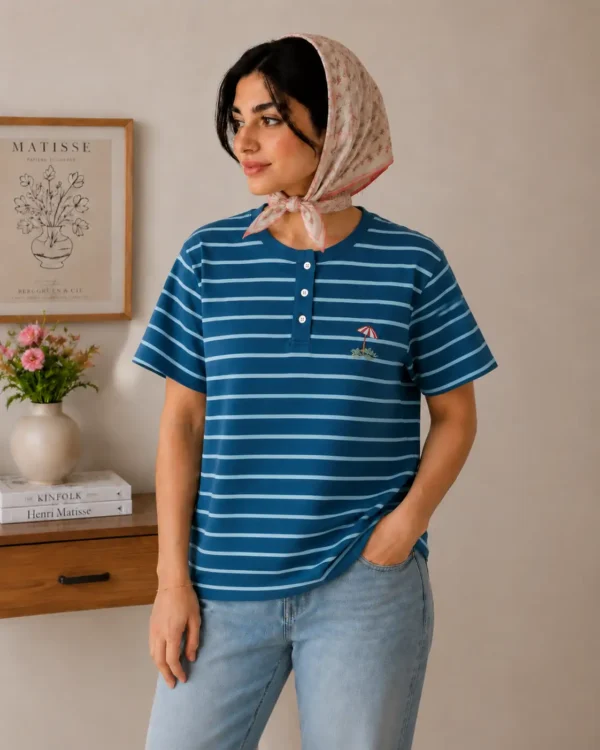 تیشرت باکسی سه دکمه راه راه 8876 - تصویر 2