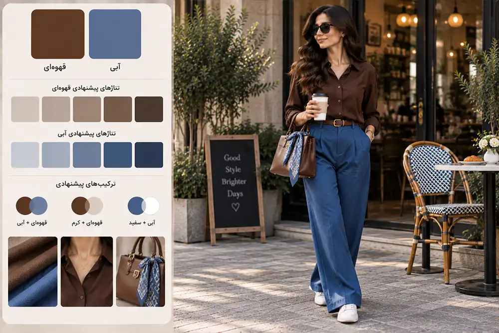 ترکیب رنگ قهوهای و آبی در استایل زنانه