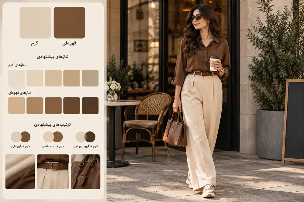 ترکیب رنگ کرم و قهوهای در استایل زنانه