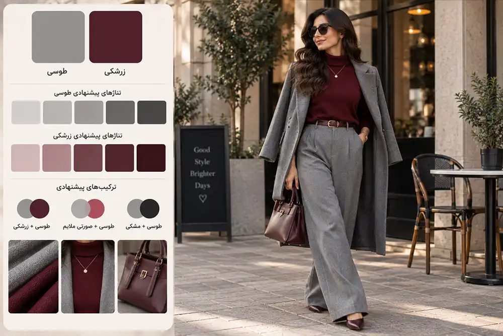 ترکیب رنگ طوسی و زرشکی در استایل زنانه